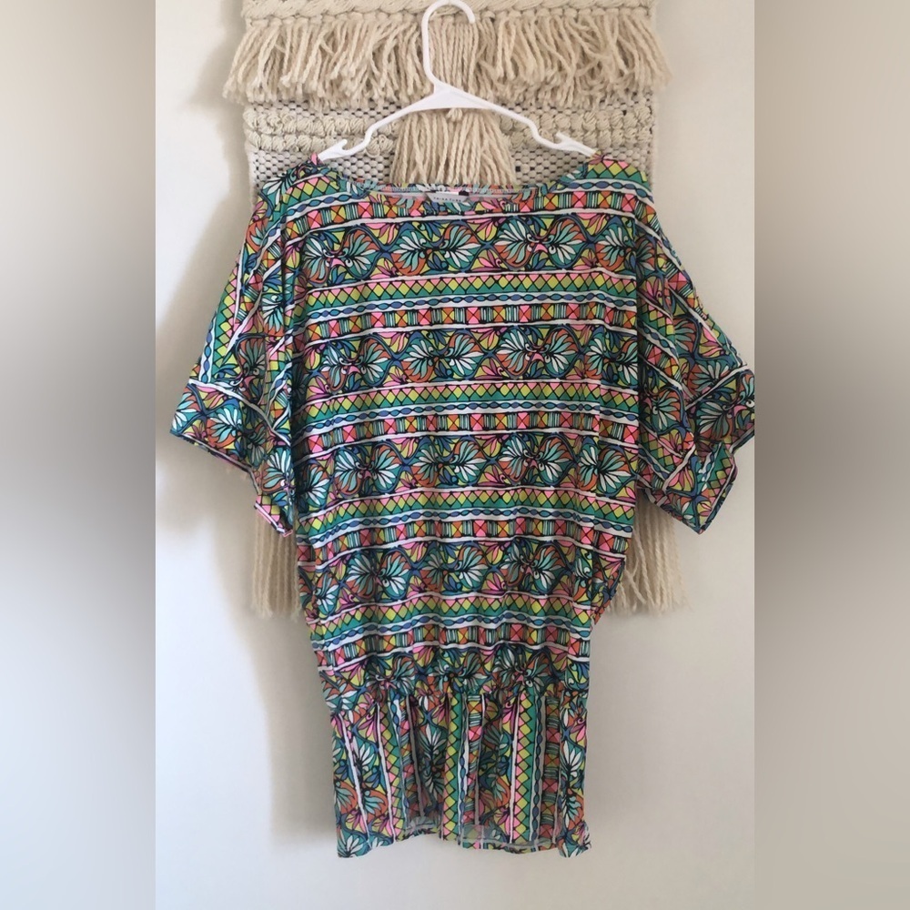 Trina Turk Multicolor Bora Bora Mosaic Print Tunic Cover Up Banded Hem Swim